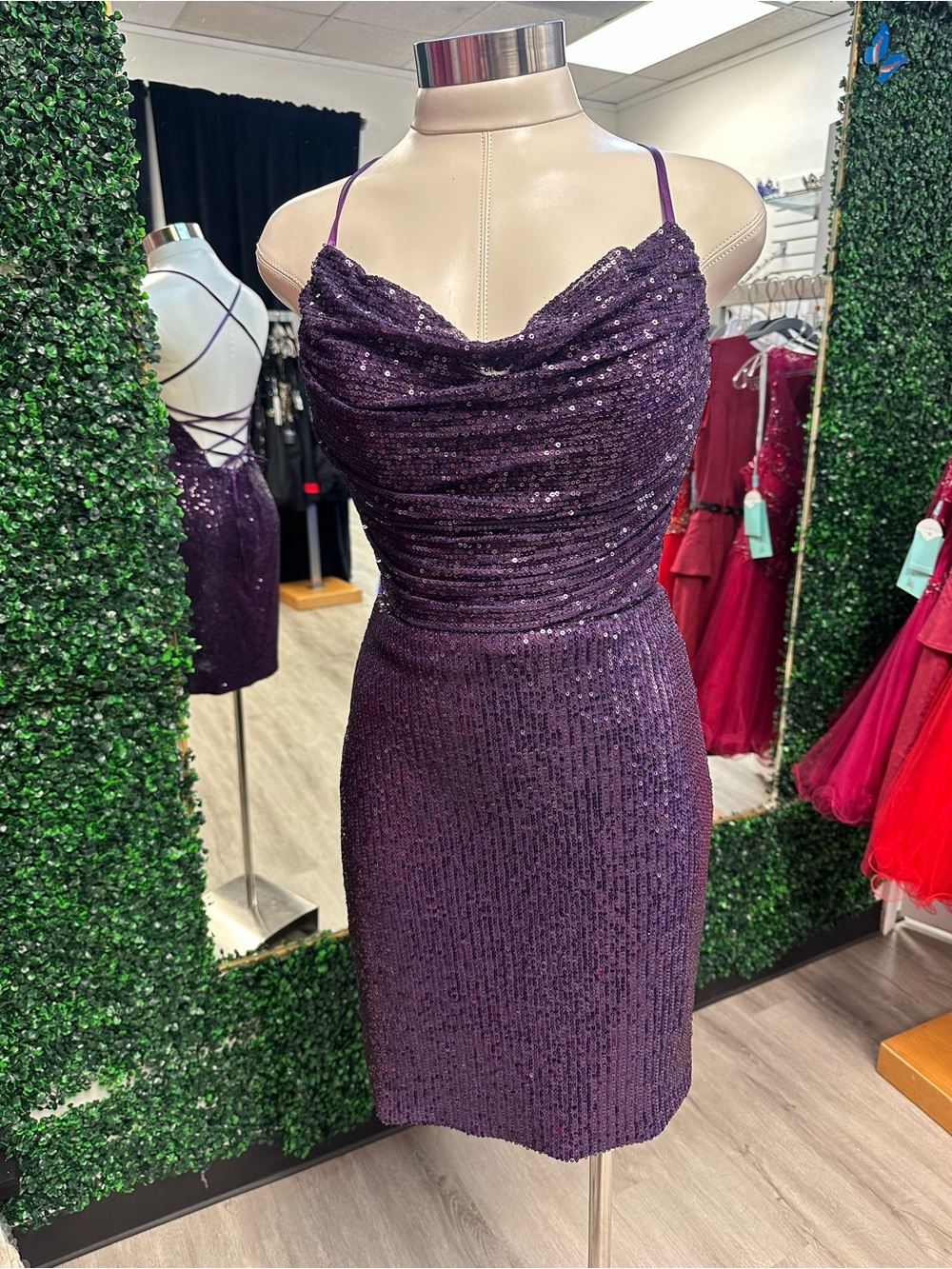Sequin Cowl Neck Spaghetti Strap Mini Dress in Deep Purple